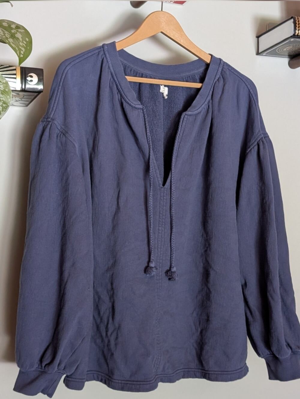 Aerie Easy Street Blue Oversized Cozy Pullover Sweatshirt V Neck Boho - Size M